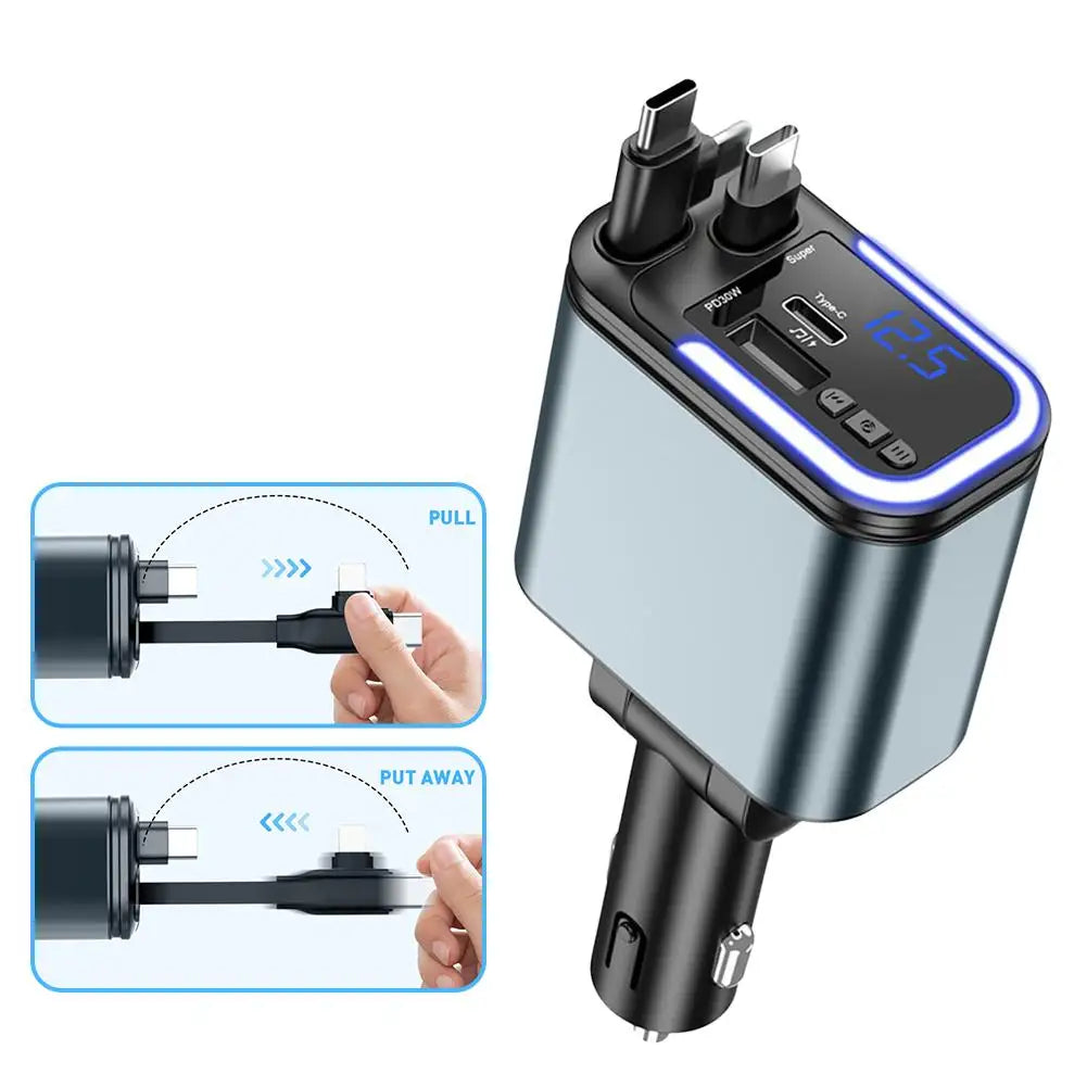 Cargador de Coche 5 en 1 con Bluetooth FM – Carga Rápida USB, Cable Retráctil, MP3 y Soporte U Disk