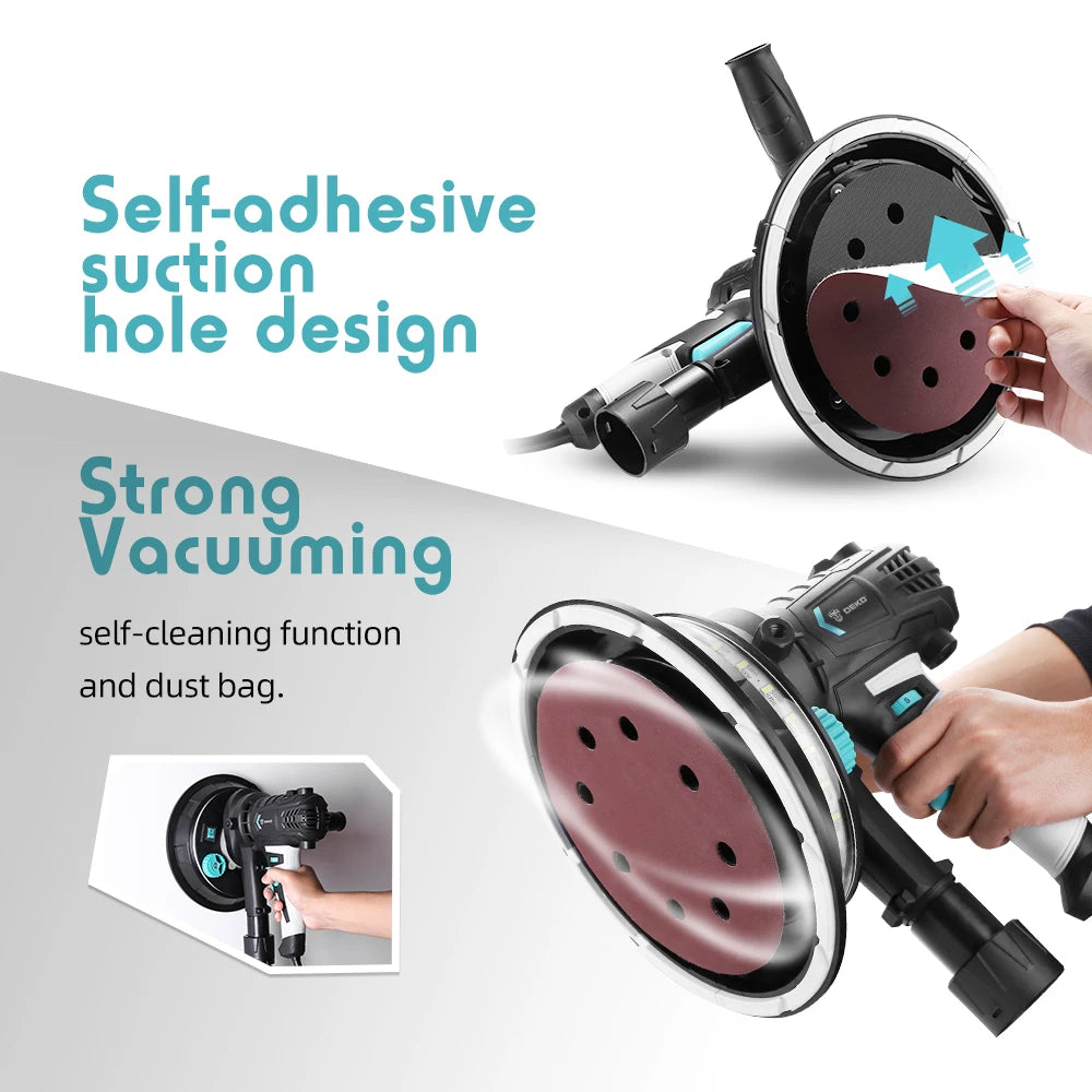 Lijadora de Pared DEKO 900W con LED – Lijadora de Yeso con Bolsa de Polvo y Accesorios