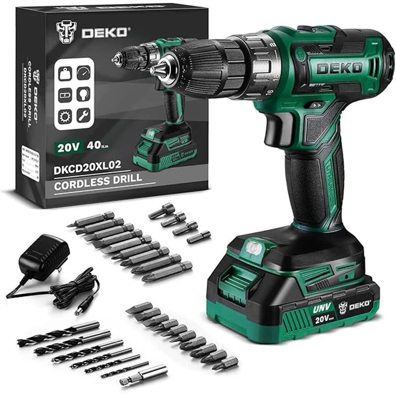 Taladro Inalámbrico DEKO 20V con Batería y Cargador – Kit Ligero para Bricolaje y Carpintería Doméstica