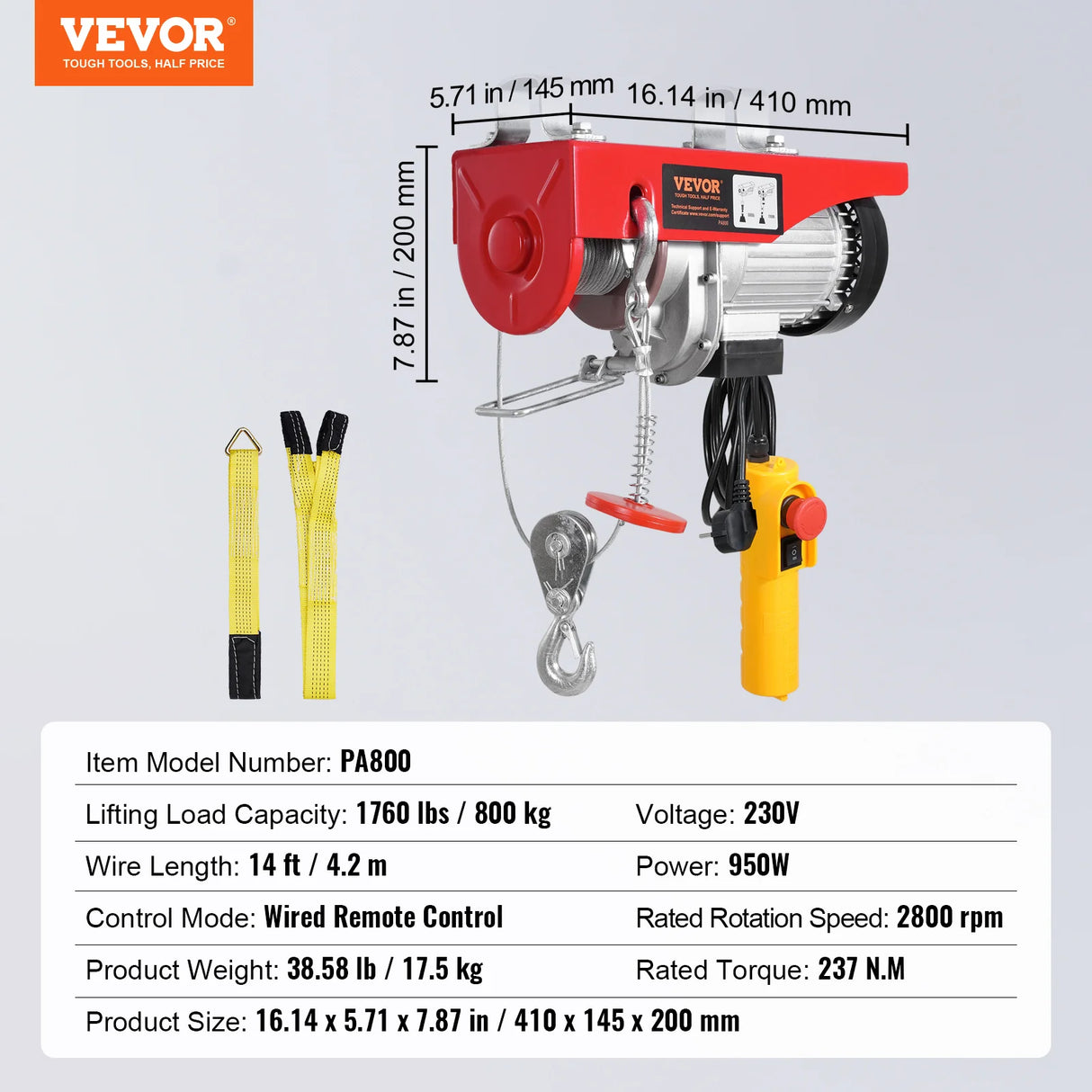 Polipasto Eléctrico VEVOR 250 kg 510W – Elevación 12 m con Motor de Cobre para Garaje y Almacén