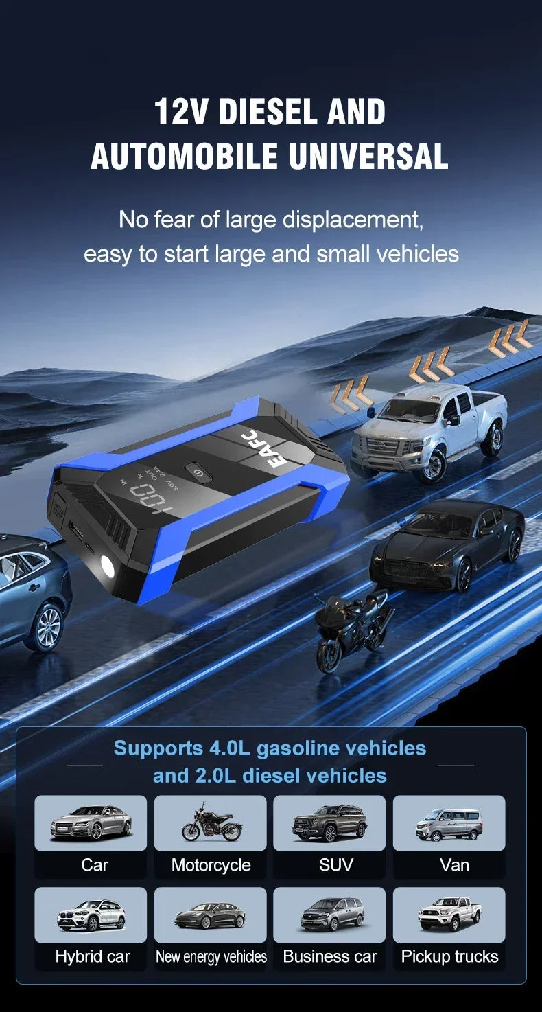 Arrancador de Batería Coche 1200A 12V EAFC | Power Bank 20000mAh con Carga Inalámbrica, LED SOS y Martillo de Emergencia