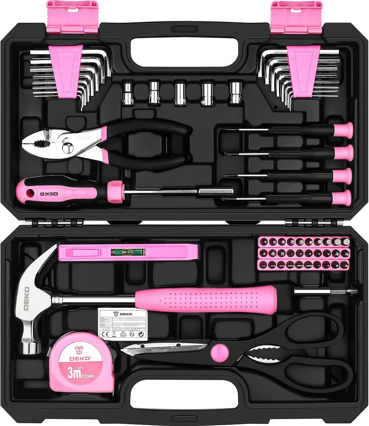Maletín de Herramientas DEKO Rosa 62 Piezas – Kit Completo para Bricolaje, Hogar, Oficina y Coche