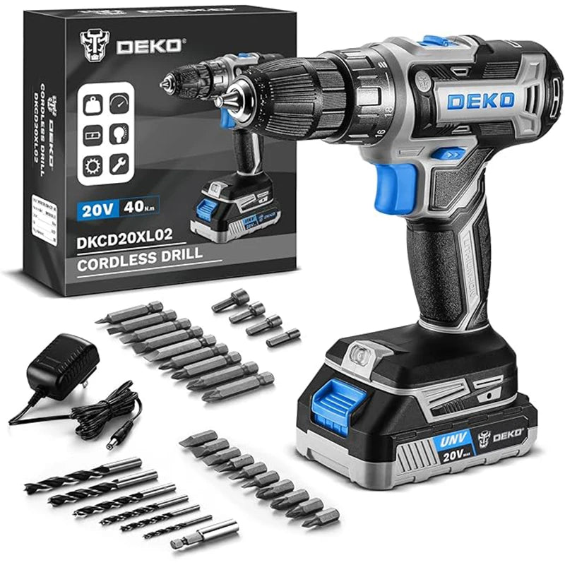 Taladro Inalámbrico DEKO 20V con Batería y Cargador – Kit Ligero para Bricolaje y Carpintería Doméstica