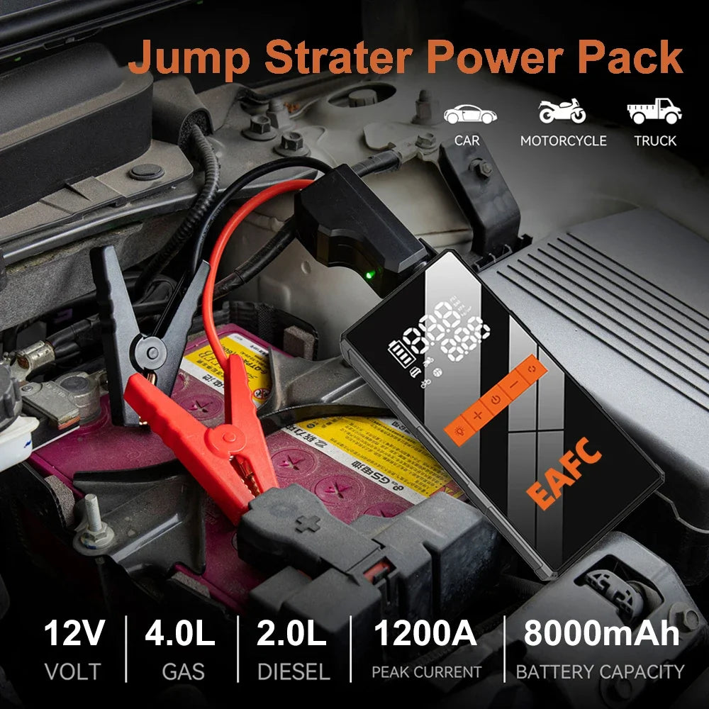 Arrancador de Coche 1200A con Compresor 150 PSI – Jump Starter Portátil con Power Bank
