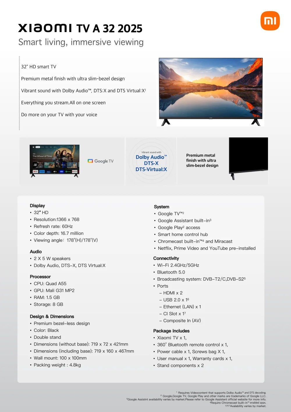Smart TV Xiaomi TV A 32 pulgadas HD con Dolby Audio, DTS-X y DTS Virtual:X, diseño metálico compacto y sonido envolvente