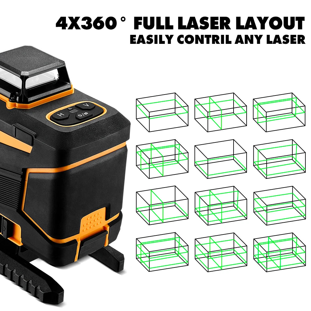 Nivel Láser DEKO 4D 16 Líneas Autonivelante 360° – Láser Verde con Trípode para Construcción y Reformas