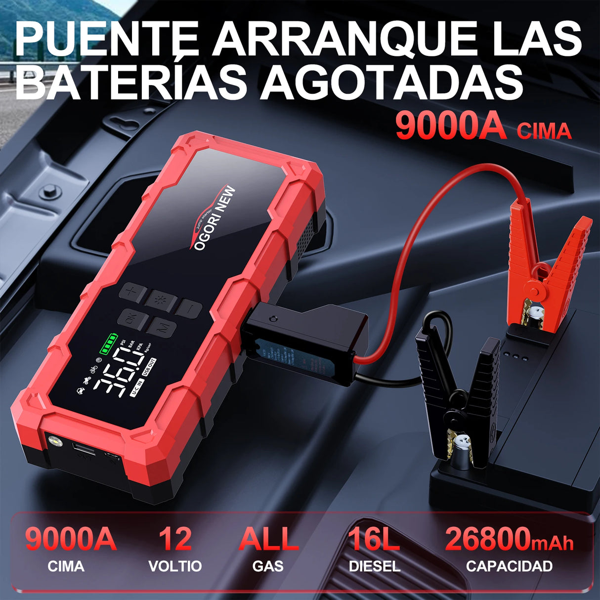 Arrancador de Coche 8000/9000A con Compresor 150 PSI – Booster Batería Portátil para Gasolina y Diésel