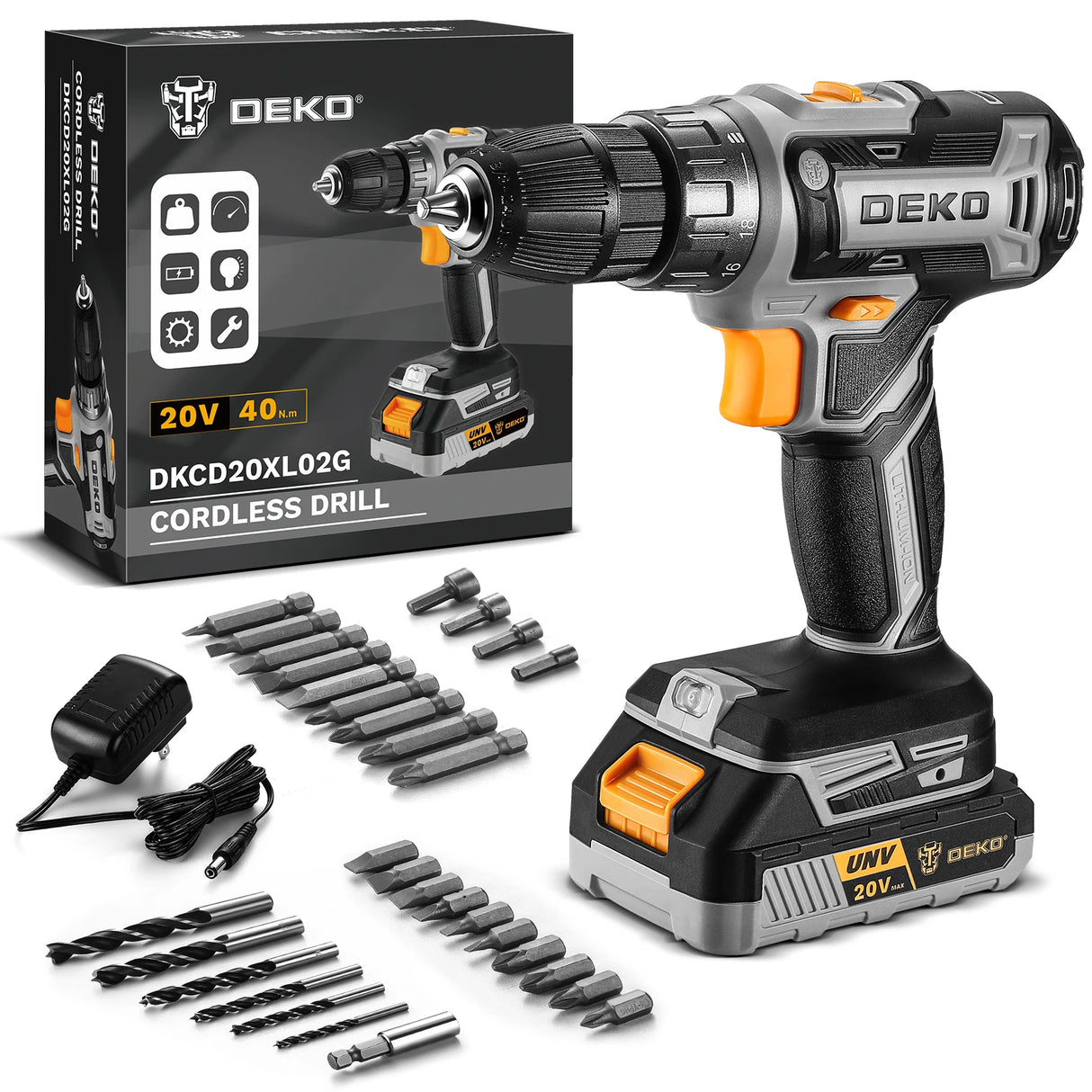 Taladro Inalámbrico DEKO 20V con Batería y Cargador – Kit Ligero para Bricolaje y Carpintería Doméstica