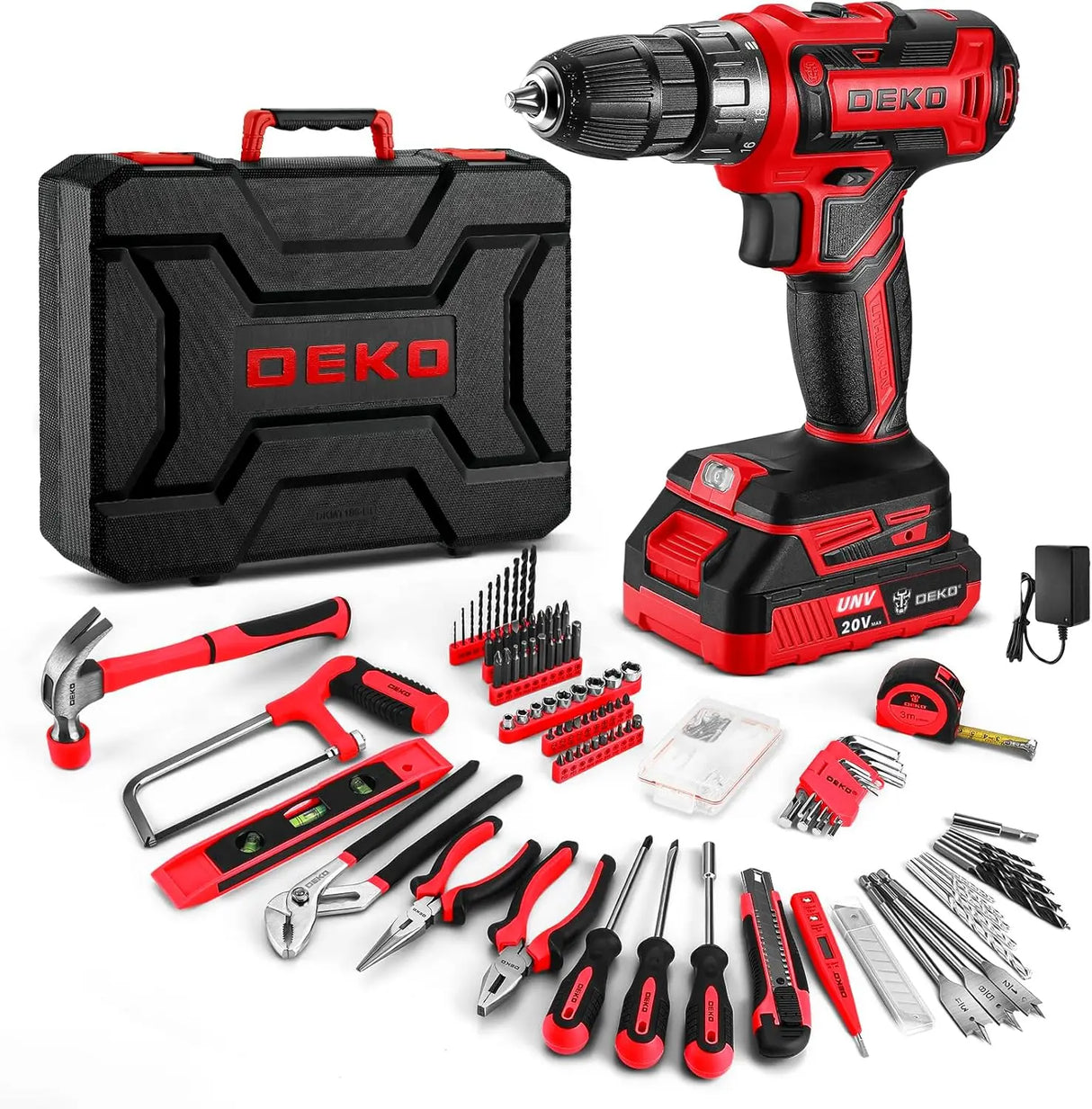 Maletín de Herramientas DEKO 186 Piezas con Taladro 20V – Kit Completo Profesional para Bricolaje