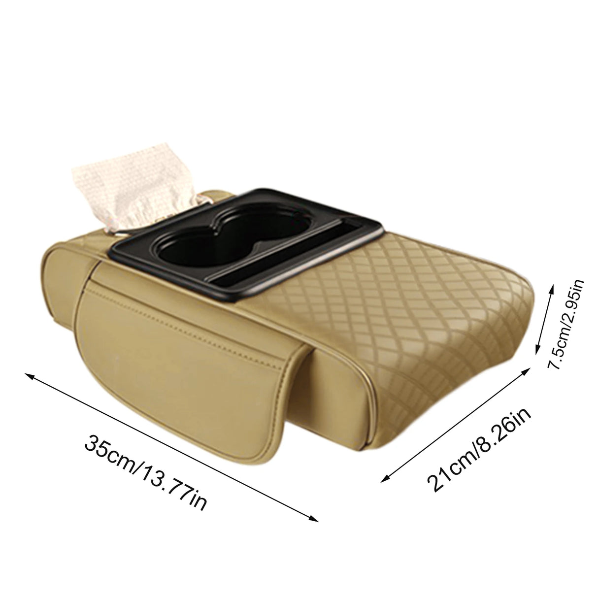 Caja Reposabrazos de Coche con Portavasos y Almacenamiento Lateral – Cojín Elevador con Soporte para Pañuelos y Cubierta Interior
