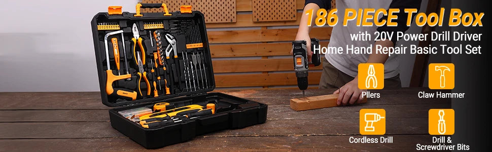 Kit Taladro Inalámbrico DEKO 20V – Taladro con Batería y Caja de Herramientas para Hogar