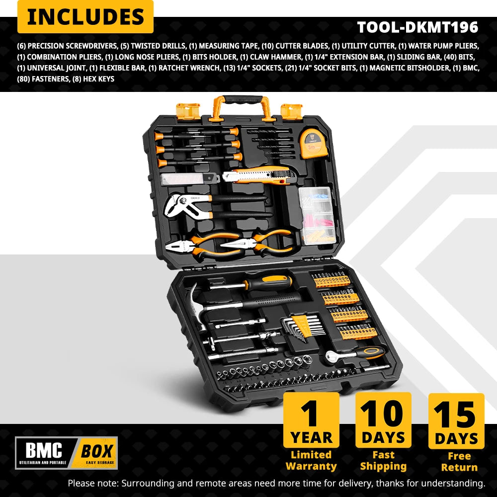 Maletín de Herramientas DEKO DKMT128/DKMT196 – Kit Completo de Bricolaje y Reparación con Caja