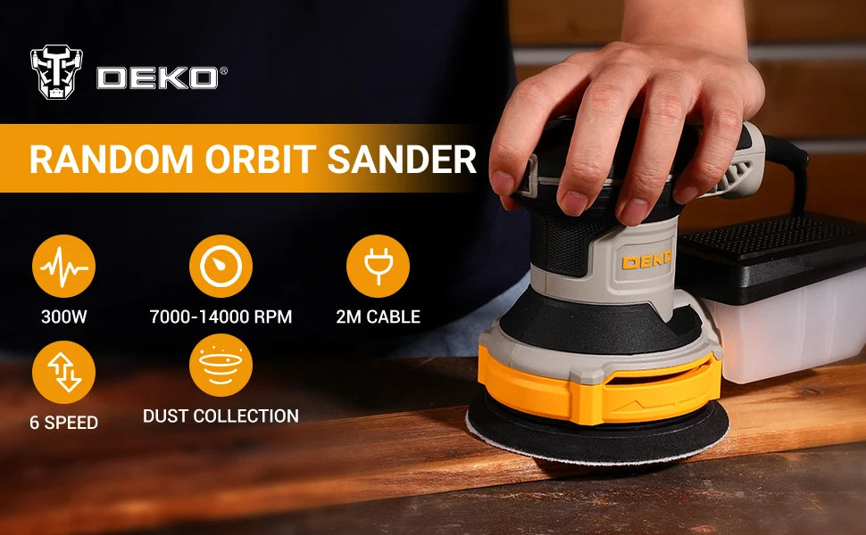 Lijadora Orbital DEKO 300W 14.000 RPM – 125 mm con 16 Lijas y Colector de Polvo para Madera y Metal