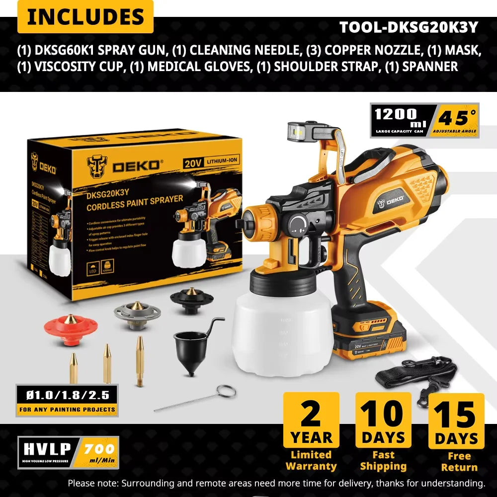 Pistola Pulverizadora DEKO HVLP 1200 ml con LED – Alta Potencia con 3 Boquillas para Pintura