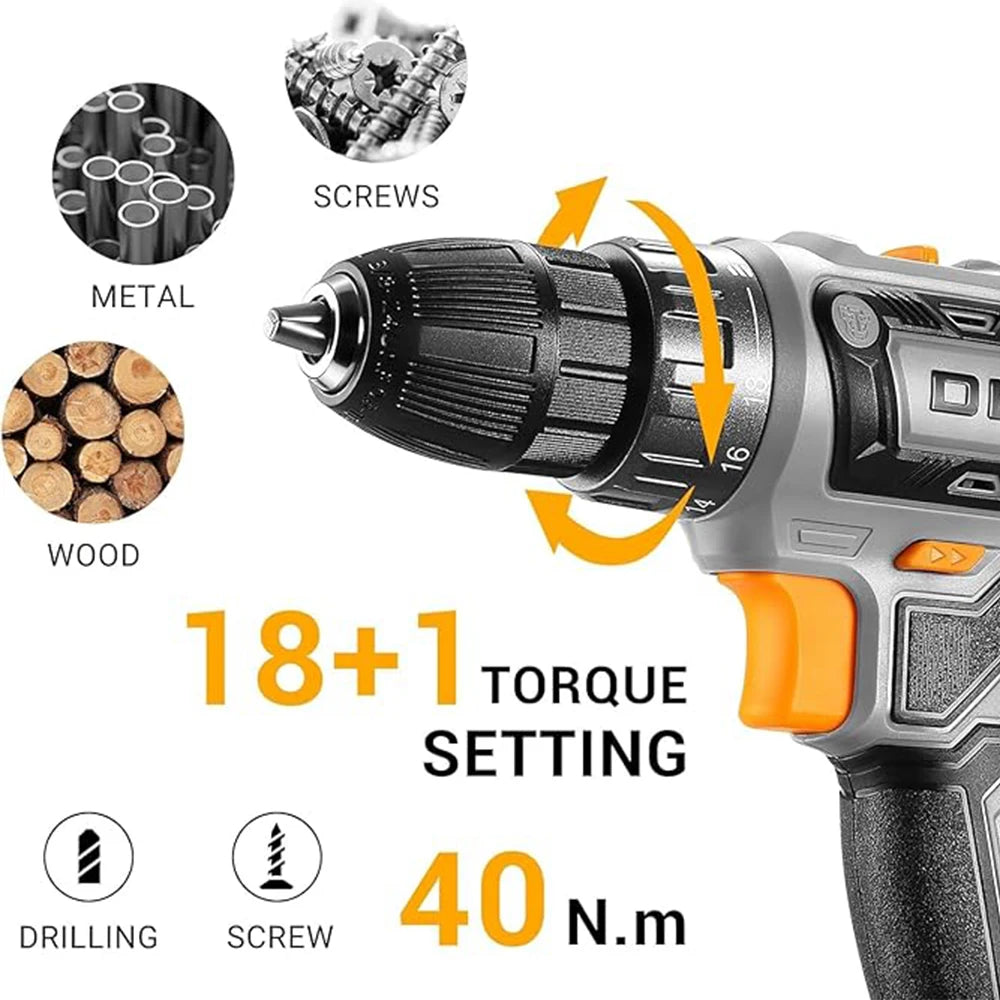 Taladro Inalámbrico DEKO 20V – 2 Velocidades, 18+1 Posiciones y Kit de 29 Piezas con Batería