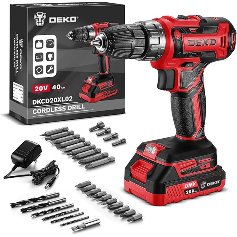 Taladro Inalámbrico DEKO 20V con Batería y Cargador – Kit Ligero para Bricolaje y Carpintería Doméstica