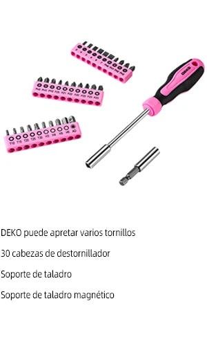 Maletín de Herramientas DEKO Rosa 62 Piezas – Kit Completo para Bricolaje, Hogar, Oficina y Coche