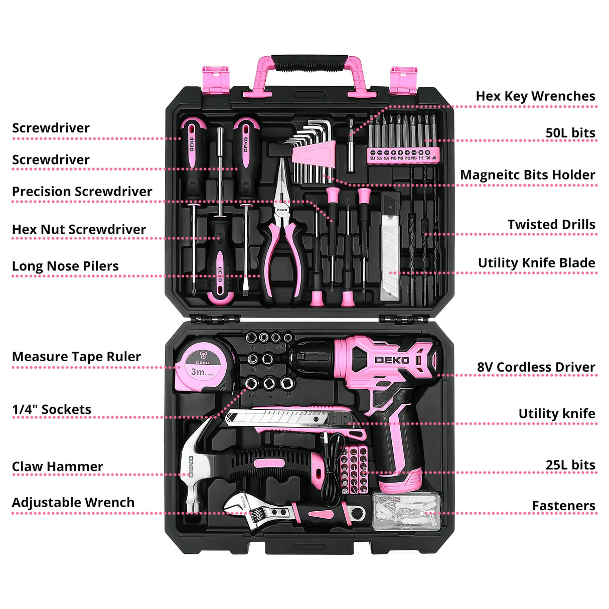 DEKO DKMT126 Kit de Herramientas 126 Piezas con Taladro Inalámbrico 8V y Accesorios para Bricolaje y Hogar