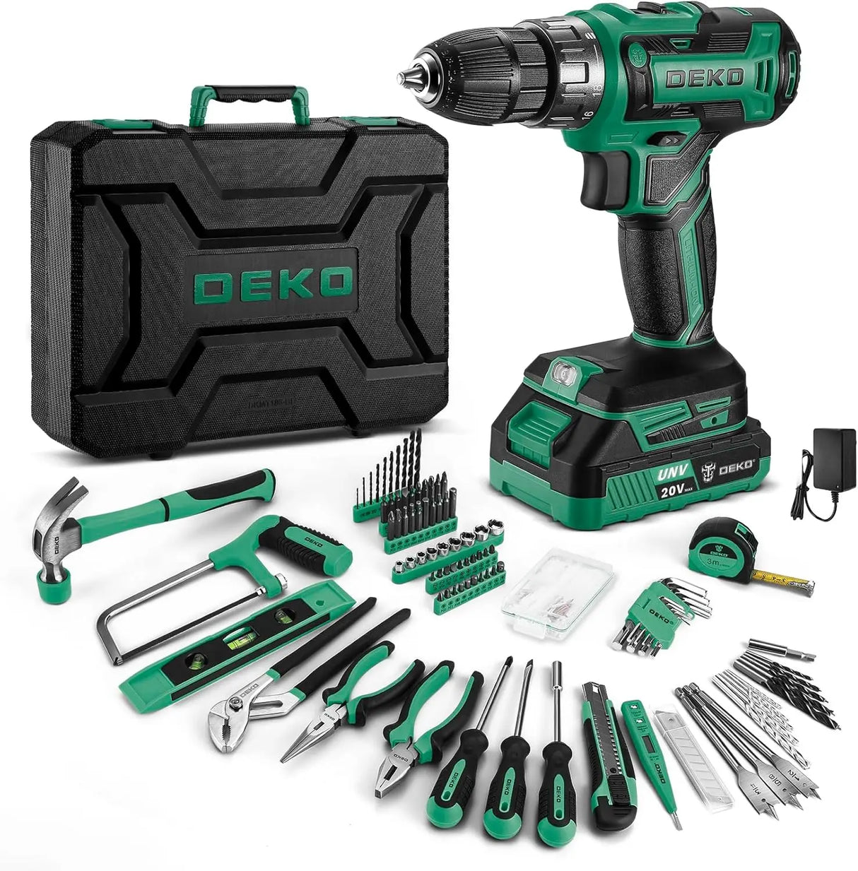 Maletín de Herramientas DEKO 186 Piezas con Taladro 20V – Kit Completo Profesional para Bricolaje