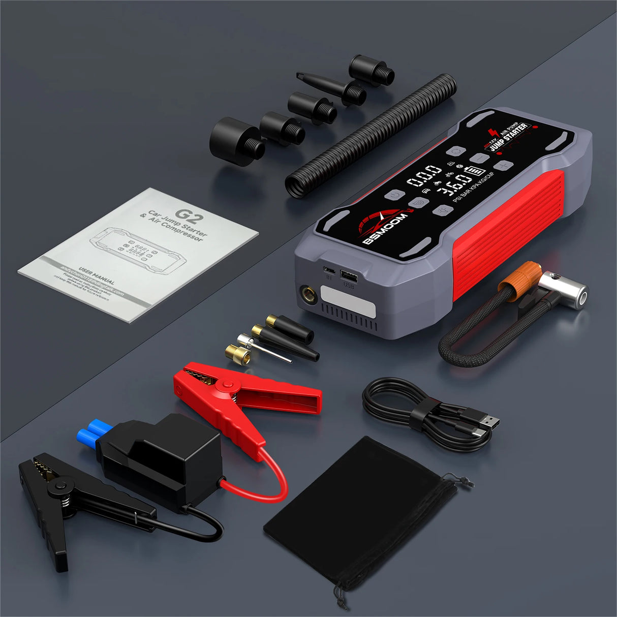 Arrancador de Coche 8000/9000A con Compresor 150 PSI – Booster Batería Portátil para Gasolina y Diésel