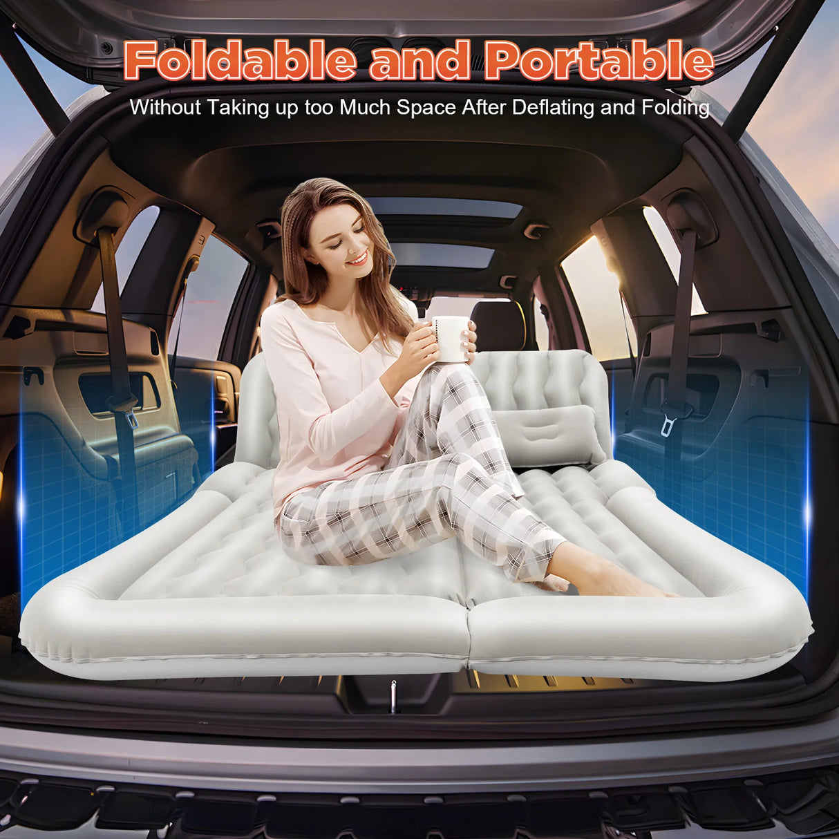 Cama Inflable para Coche con Bomba y Almohada – Colchón Hinchable Plegable Universal para Asiento Trasero, Cojín Flocado Portátil para Viajes