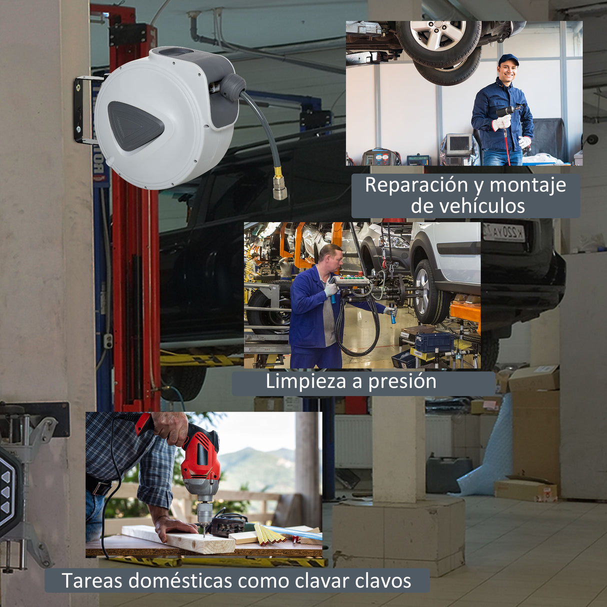 DURHAND Carrete de Manguera de Aire Comprimido Automático Conector de 1/4'' BSP con Soporte para Pared Giratorio 180° Diámetro