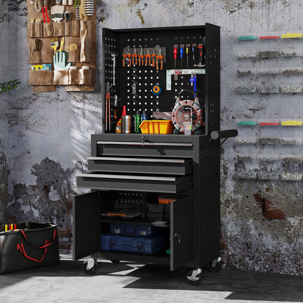 Carro de Herramientas HOMCOM con 3 Cajones y Panel Pegboard – Organizador de Taller con Ruedas Negro