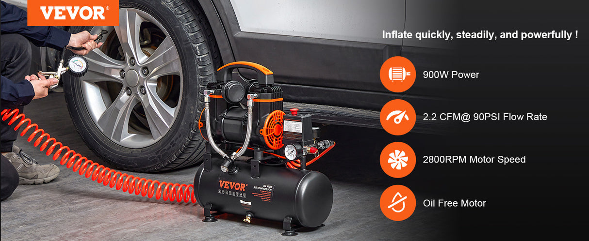 Compresor de aire portátil SucceBuy 900W 1450W 1800W silencioso sin aceite, bomba de inflado para neumáticos coche moto y herramientas