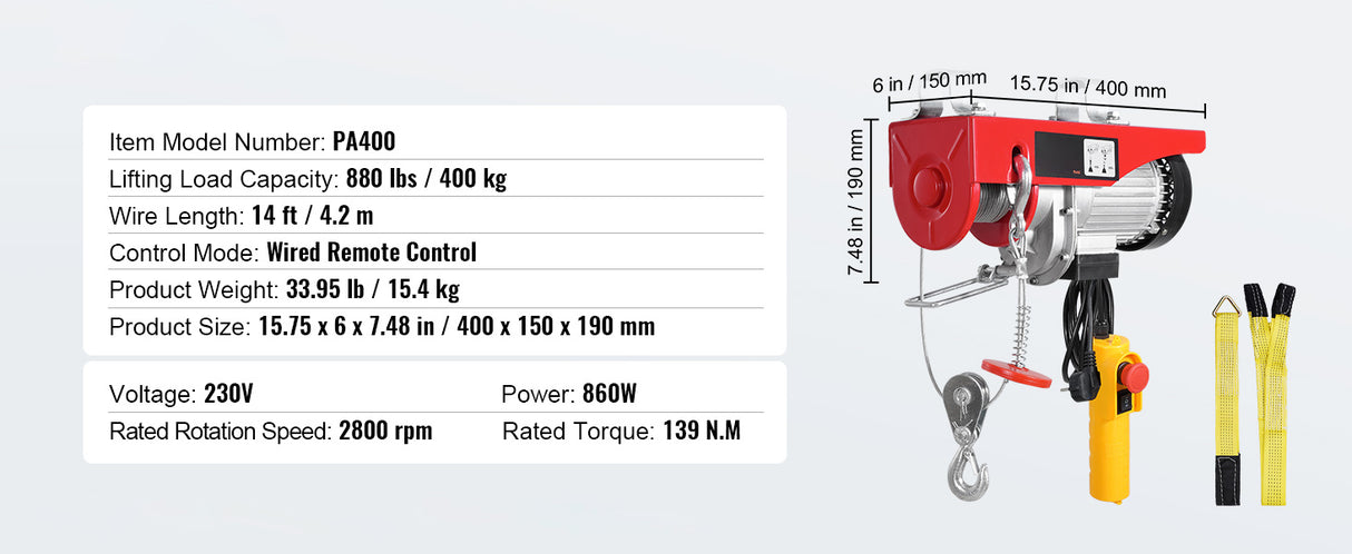 Polipasto Eléctrico VEVOR 250 kg 510W – Elevación 12 m con Motor de Cobre para Garaje y Almacén