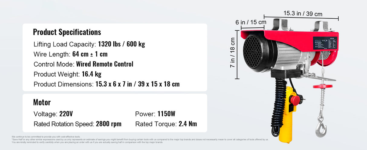 Polipasto Eléctrico VEVOR 250 kg 510W – Elevación 12 m con Motor de Cobre para Garaje y Almacén