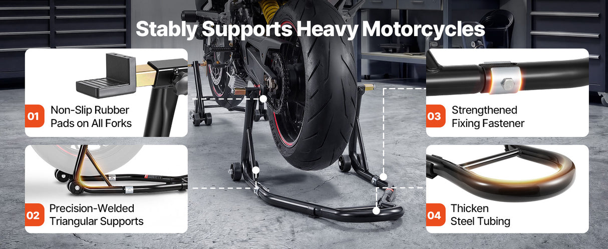 Soporte de Elevación para Motocicleta SucceBuy 850 lb – Caballete Delantero y Trasero Alta Resistencia, Soporte de Horquilla y Rueda Trasera para Mantenimiento