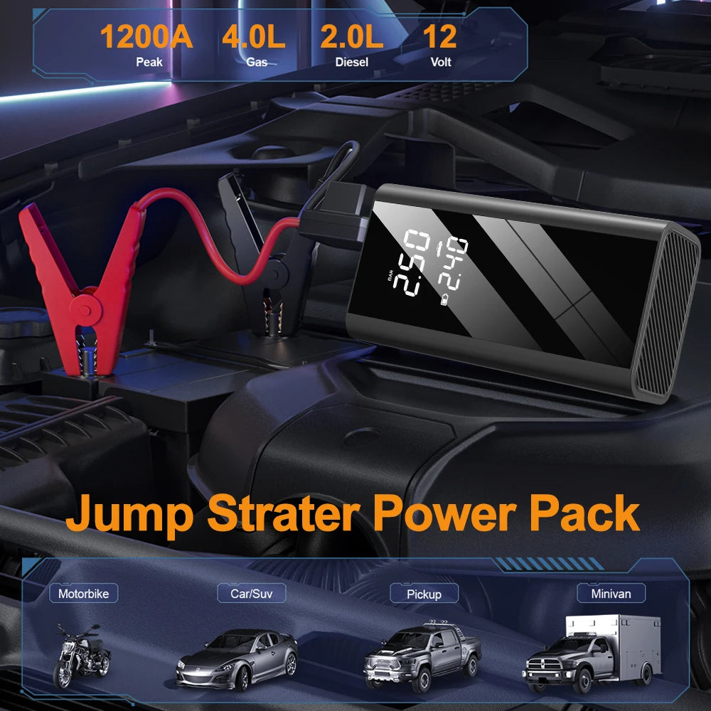 Arrancador de Coche EAFC 1200A con Compresor 150 PSI – Power Bank Portátil de Emergencia