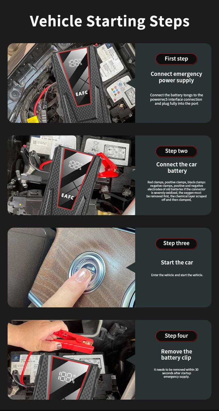 Arrancador de Coche EAFC 1200A 8000mAh – Booster Batería 12V Portátil con Power Bank