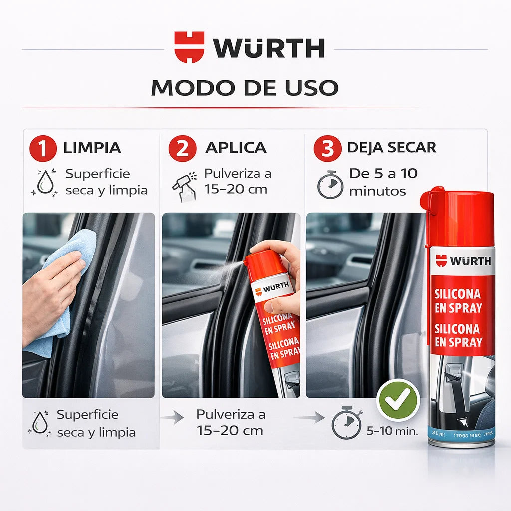 WÜRTH Silicona en Spray Incoloro 500ml - Lubricante para Plástico, Caucho y Metal | Protección Duradera y Anti-estática