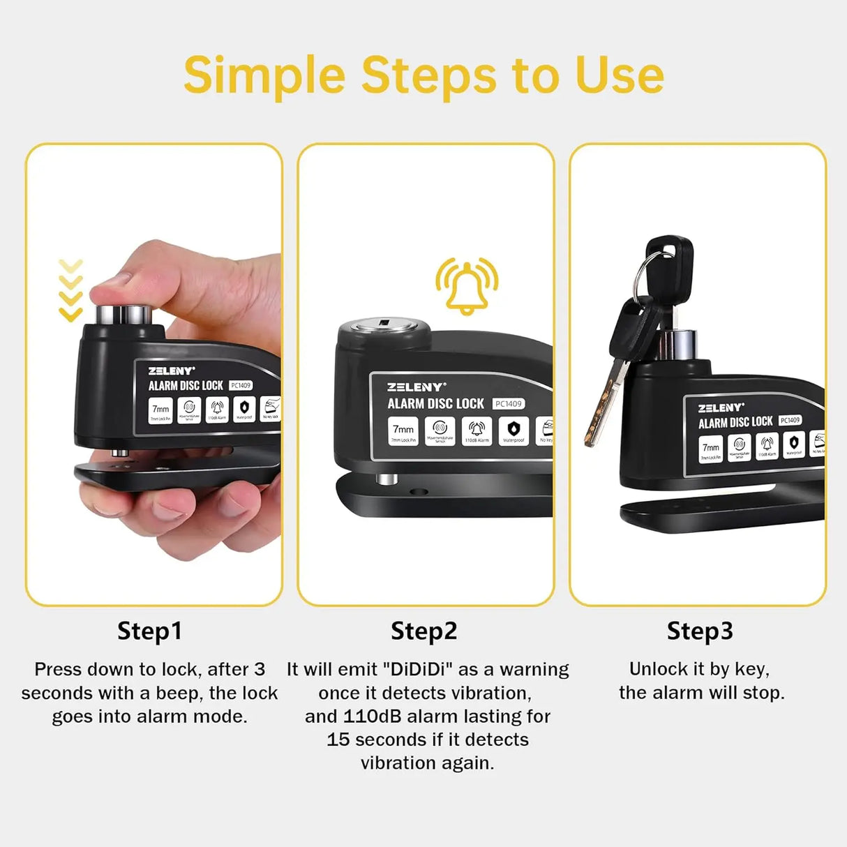 Candado de Disco para Moto con Alarma 110 dB – Antirrobo para Freno con Pasador 7 mm, Incluye Bolsa de Transporte