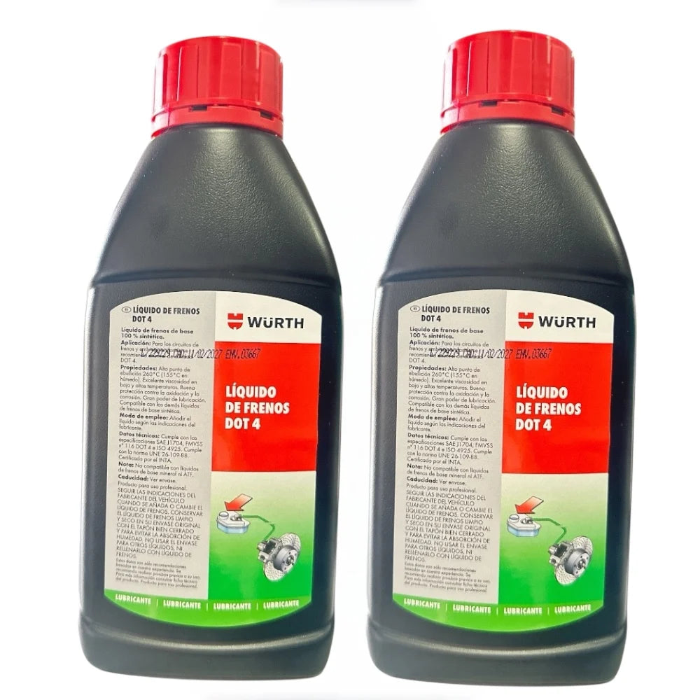 Líquido de Frenos Würth DOT 4 500ml – Fluido Profesional Alta Temperatura para ABS, DOT3/DOT4 Coches y Motos