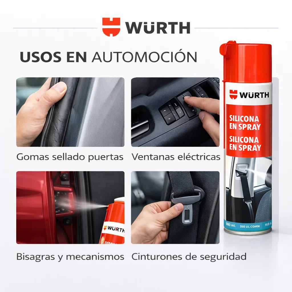 WÜRTH Silicona en Spray Incoloro 500ml - Lubricante para Plástico, Caucho y Metal | Protección Duradera y Anti-estática