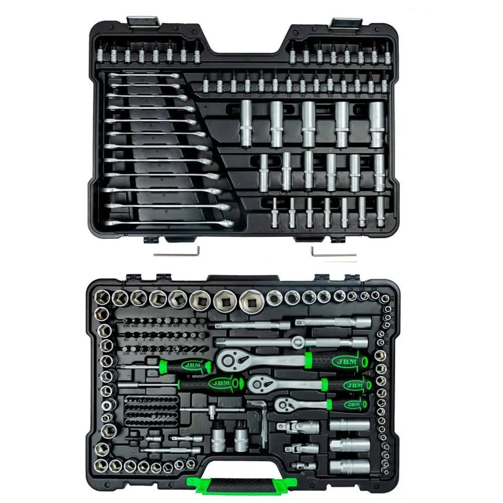 JBM 54034 Maletín de herramientas 216 piezas con vasos hexagonales cincados, carracas, extensiones y adaptadores