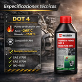 Líquido de Frenos Würth DOT 4 500ml – Fluido Profesional Alta Temperatura para ABS, DOT3/DOT4 Coches y Motos