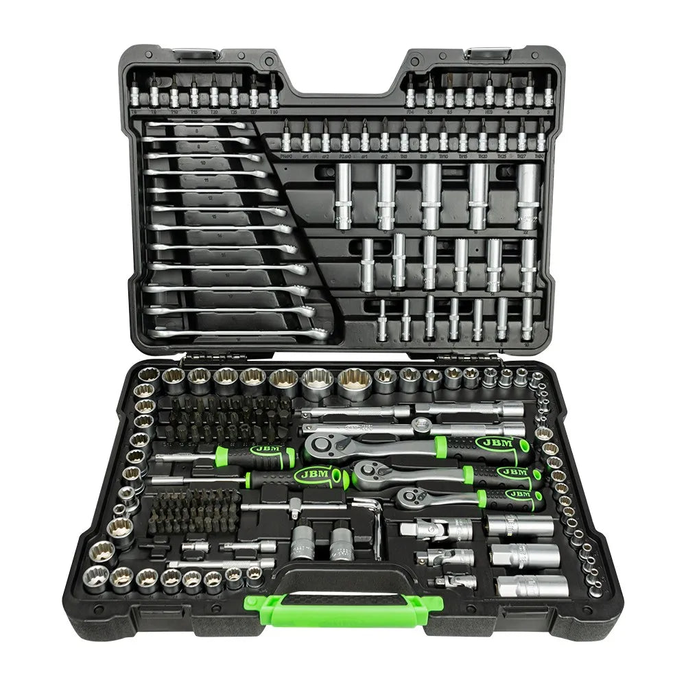 JBM 54250 Maletín de Herramientas de 216 Piezas Cincadas con Vasos de 12 Cantos, Carracas de 72 Dientes y Cuadrados 1/4", 3/8" y 1/2"