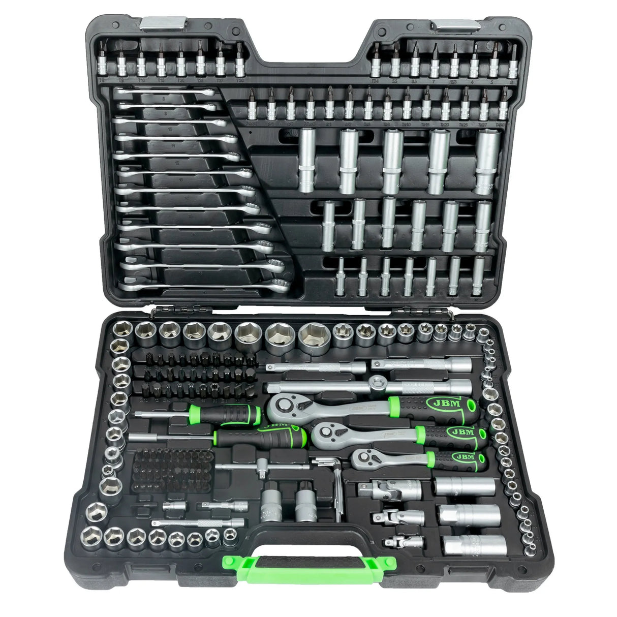 JBM 54034 Maletín de herramientas 216 piezas con vasos hexagonales cincados, carracas, extensiones y adaptadores