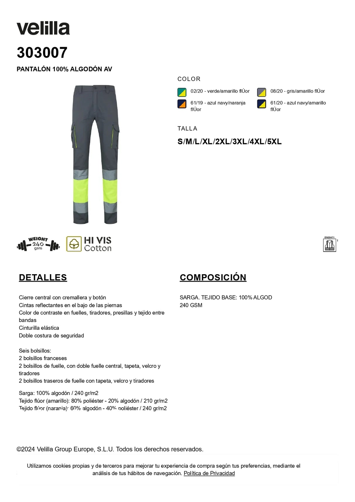 Pantalón Alta Visibilidad Velilla 303007 – 100% Algodón Bicolor Multibolsillos
