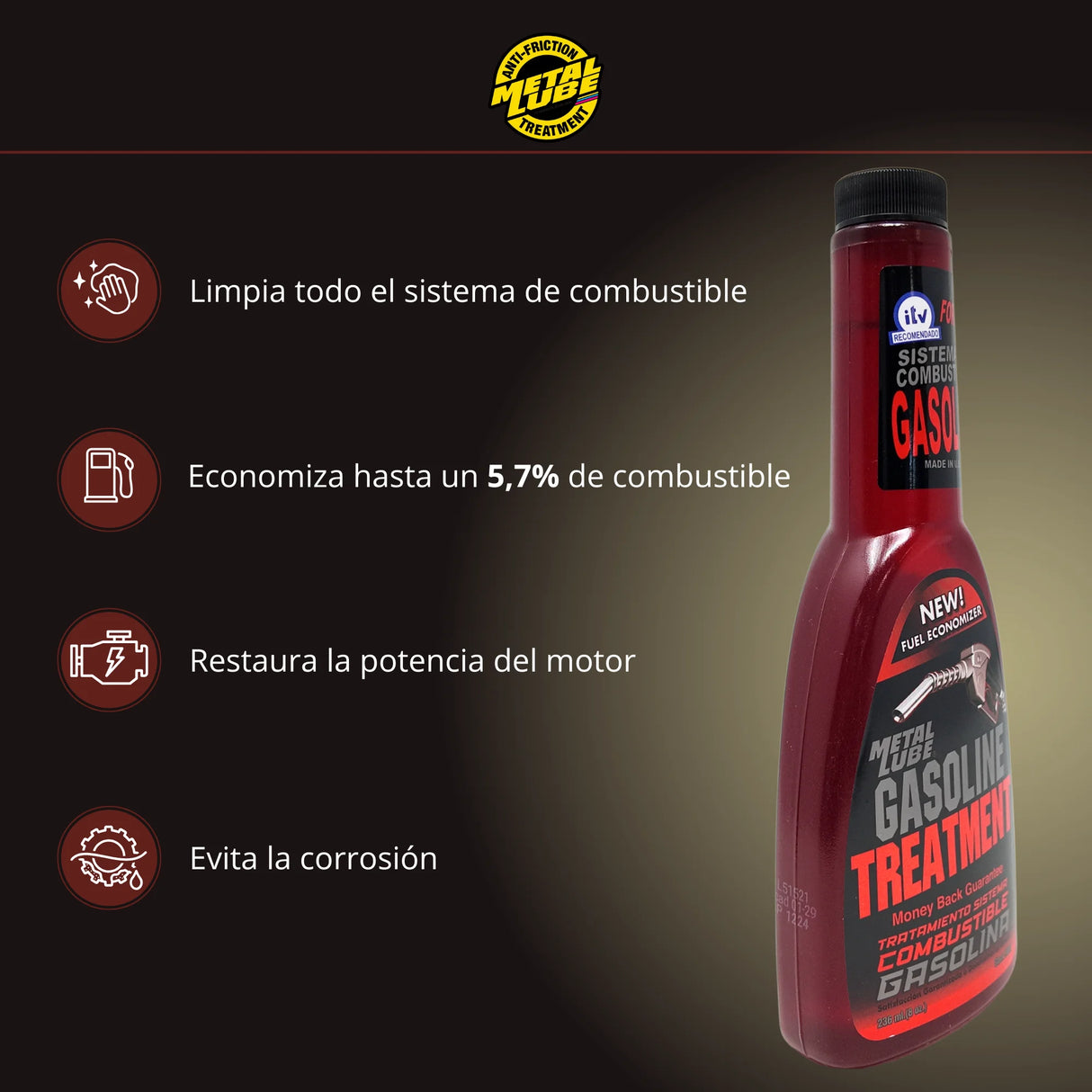 Metal Lube Aditivo Gasolina 236 ml – Tratamiento para Sistema de Combustible y Limpieza de Inyectores