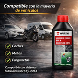 Líquido de Frenos Würth DOT 4 500ml – Fluido Profesional Alta Temperatura para ABS, DOT3/DOT4 Coches y Motos