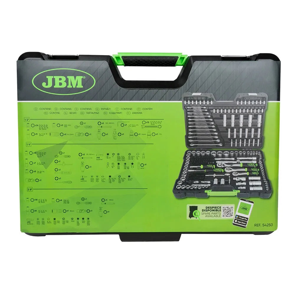 JBM 54250 Maletín de Herramientas de 216 Piezas Cincadas con Vasos de 12 Cantos, Carracas de 72 Dientes y Cuadrados 1/4", 3/8" y 1/2"