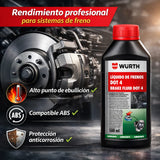 Líquido de Frenos Würth DOT 4 500ml – Fluido Profesional Alta Temperatura para ABS, DOT3/DOT4 Coches y Motos