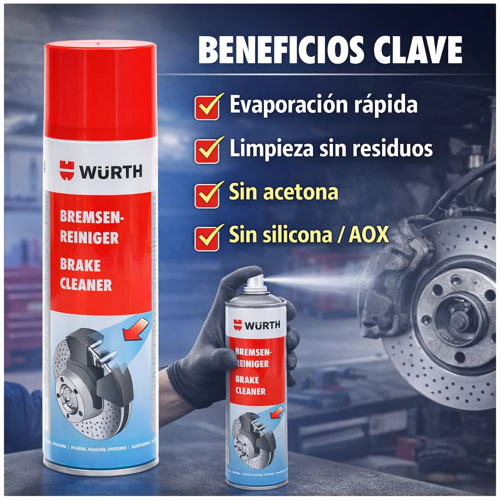 Limpiador de Frenos Würth Profesional Spray 500 ml – Desengrasante Sin Residuos para Discos, Tambor y Piezas Mecánicas