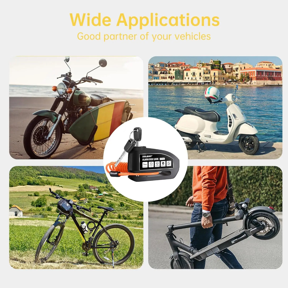 Candado de Disco para Moto con Alarma 110 dB – Antirrobo para Freno con Pasador 7 mm, Incluye Bolsa de Transporte