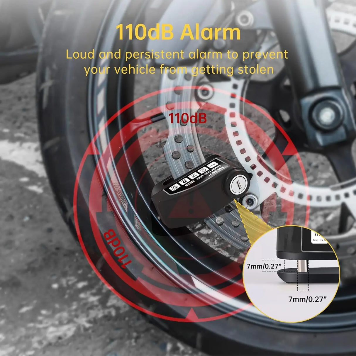 Candado de Disco para Moto con Alarma 110 dB – Antirrobo para Freno con Pasador 7 mm, Incluye Bolsa de Transporte