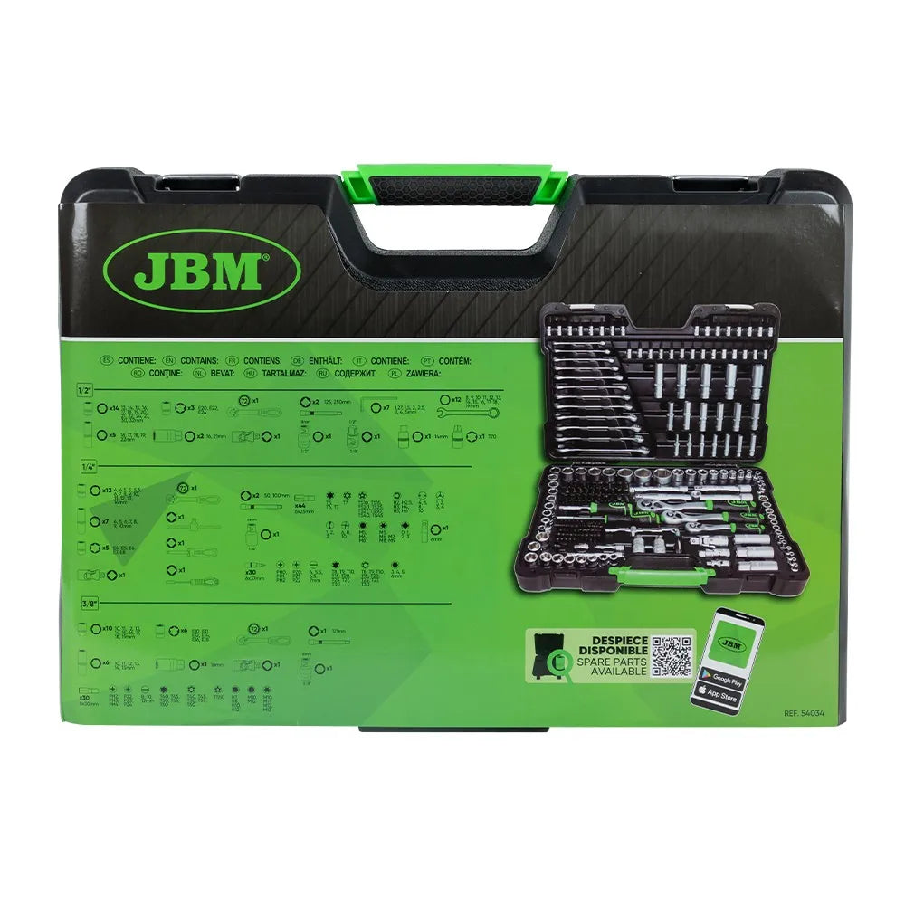 JBM 54034 Maletín de herramientas 216 piezas con vasos hexagonales cincados, carracas, extensiones y adaptadores
